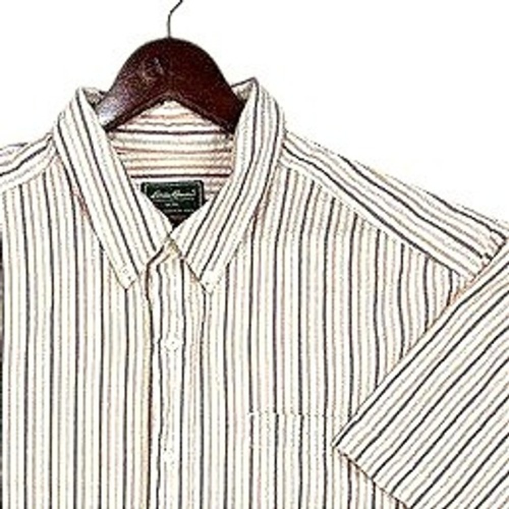 Eddie‎ Bauer Cream, Red, Orange & Ran striped Seersucker Shirt Size XXL
